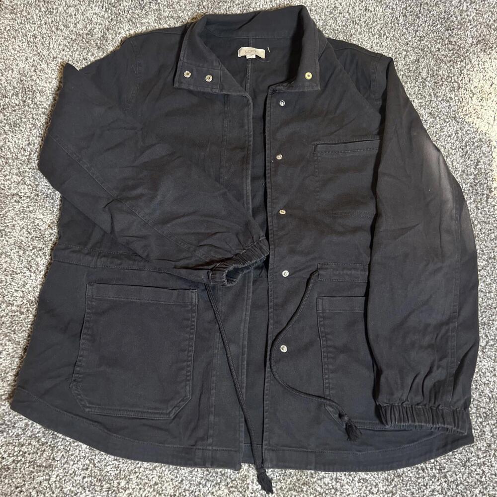 LOFT Black Utility Jacket‎ Large Drawstring Waist Snap Front Casual Light washed